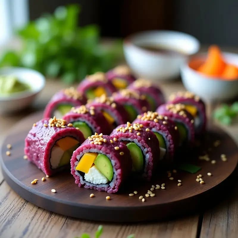 Rollitos de sushi vegano con arroz morado, aguacate y mango, cortados en piezas perfectas sobre una bandeja de madera. Decorados con semillas de sésamo y acompañados de salsa de soja, wasabi y jengibre en escabeche.
