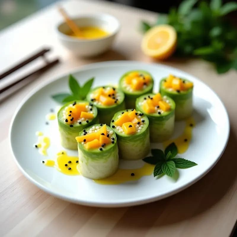 Plato blanco con rollos de sushi vegano de aguacate y mango sobre láminas de col napa, bañados en vinagreta de yuzu. Decorados con semillas de sésamo negro y hojas de menta fresca. Fondo minimalista con palillos de madera y cuenco de vinagreta.