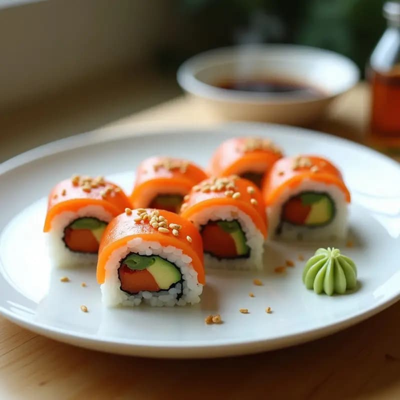Plato blanco con rollos de sushi vegano de aguacate y pimiento asado, sin algas ni pescado, decorados con semillas de sésamo y acompañados de salsa de soja y wasabi. Receta Thermomix.