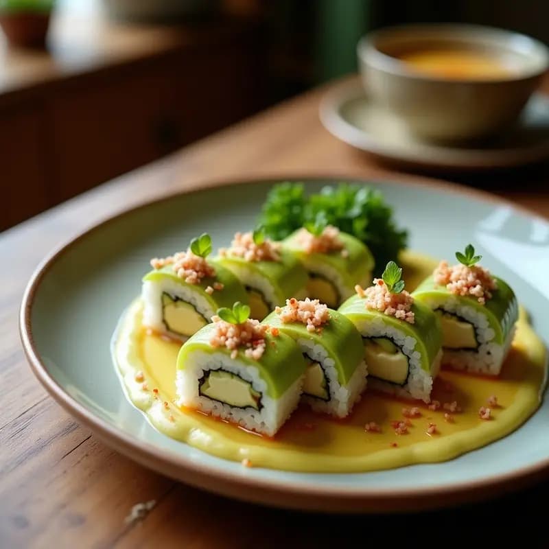 Plato blanco con rollos de sushi de aguacate y queso de cabra cortados en porciones, mostrando capas de arroz brillante, aguacate cremoso, queso de cabra desmenuzado y pistachos picados, decorado con cebollino fresco y un chorrito de aceite de oliva.