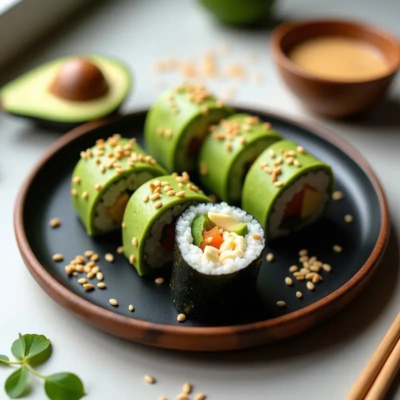 Plato blanco con rolls de sushi de aguacate y queso crema vegano cortados en porciones, decorados con semillas de sésamo tostado y servidos con aderezo de sésamo en un bol pequeño. Fondos de hojas de nori y brotes de soja como garnitura.