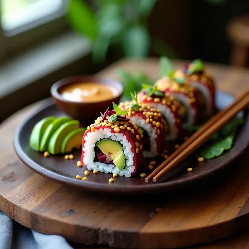 Plato de sushi vegano con rollos de aguacate y remolacha, cortados en porciones, acompañados de salsa de cacahuete cremosa y semillas de sésamo tostadas. Presentación colorida y profesional sobre fondo rústico de madera.