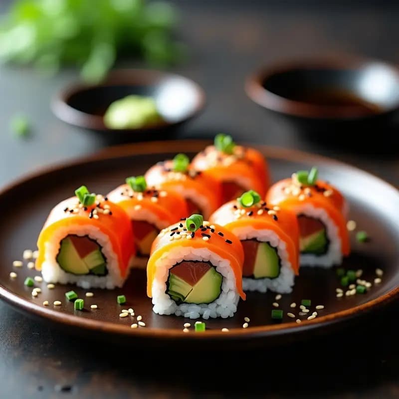 Rollitos de sushi de aguacate y salmón ahumado cortados en porciones, con arroz blanco brillante, láminas de salmón rosa y aguacate verde cremoso, espolvoreados con semillas de sésamo negro y blanco, servidos en plato de madera con salsa de soja y wasabi al lado.