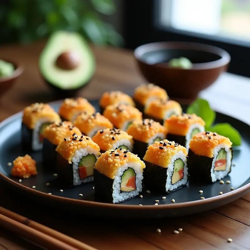 Sushi de aguacate y salmón ahumado con wasabi en airfryer, crujiente por fuera con capas visibles de alga nori, arroz, salmón rosado y aguacate dorado, servido con salsa de soja y semillas de sésamo.