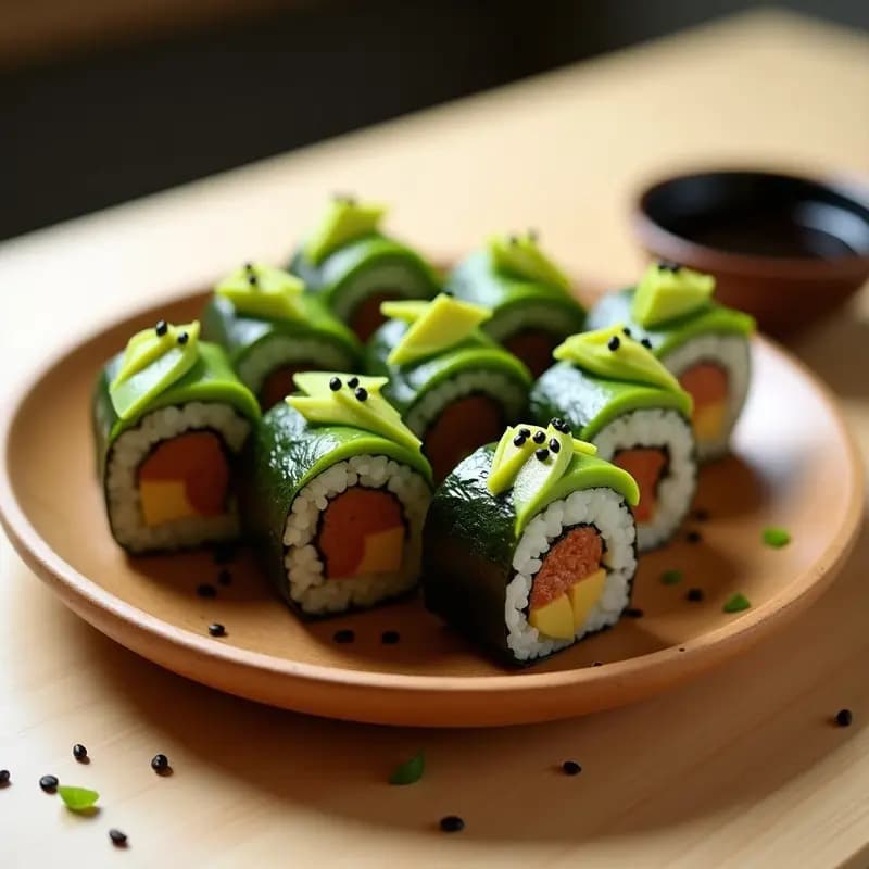 Plato de sushi vegano con rodajas de aguacate verde brillante y tempeh dorado marinado, enrollado en alga nori con arroz vinegretado, servido con salsa de soja y semillas de sésamo. Receta japonesa alta en proteína sin pescado.
