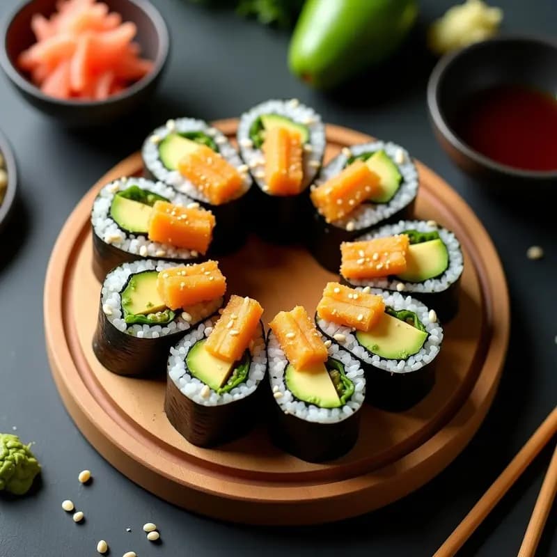 Plato blanco con rollos de sushi de aguacate y tempura de batata cortados en porciones, mostrando capas de aguacate cremoso, batata dorada crujiente y arroz sazonado, acompañados de salsa de soja, jengibre encurtido y semillas de sésamo. Receta vegetariana de sushi con toque crujiente.