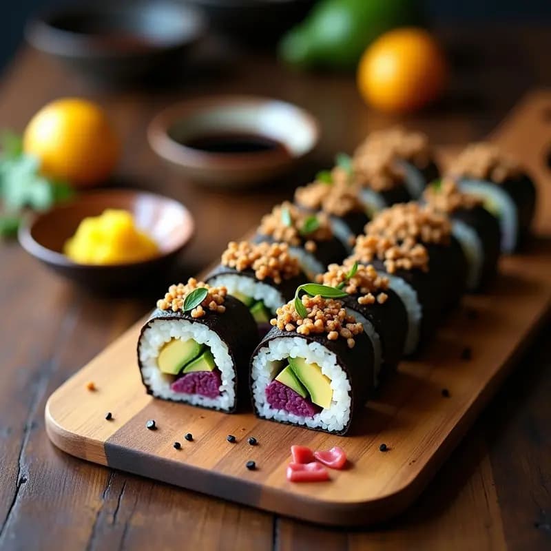 Rollo de sushi fusion peruano-japonés con láminas de aguacate cremoso y tempura de camote morado crujiente, espolvoreado con semillas de sésamo negro, sobre una tabla de madera con salsa de ají amarillo y soja al lado.