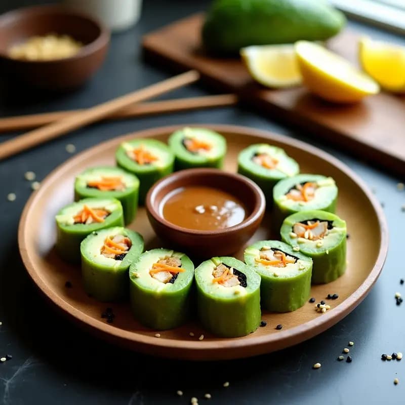 Plato de madera con 8 piezas de sushi vegano de aguacate y tofu ahumado, cortados en diagonal, mostrando capas de arroz blanco, aguacate cremoso, tofu dorado y pepino. Acompañado de salsa de sésamo y limón en un bol pequeño, pasta de wasabi y jengibre en encurtido. Semillas de sésamo espolvoreadas por encima y fondo minimalista con tonos neutros.