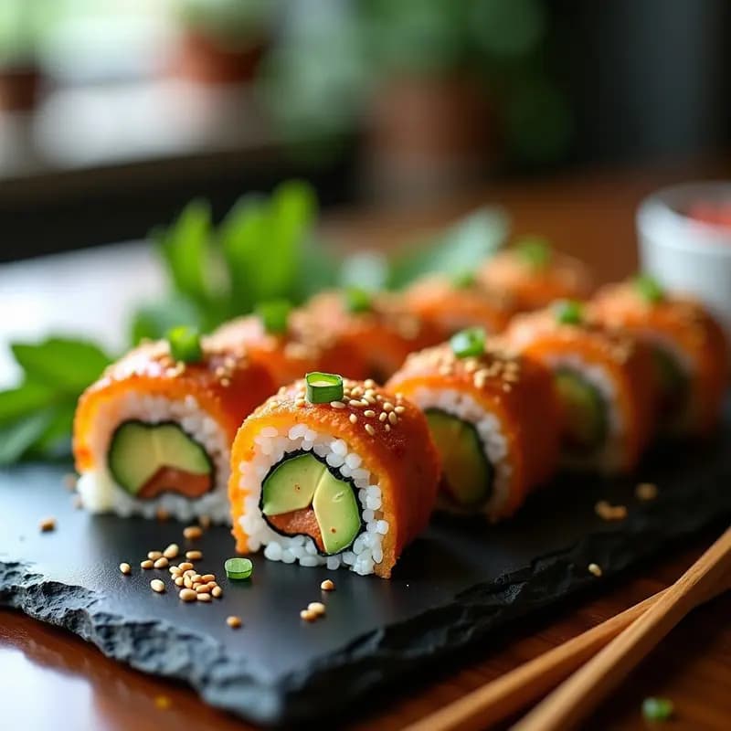 Rolls de sushi vegano cortados en porciones sobre una tabla de madera, mostrando capas de aguacate cremoso, tofu dorado crujiente y pepino, acompañados de un bol pequeño con salsa sriracha y mayonesa. Decoración con semillas de sésamo y hojas de cilantro.