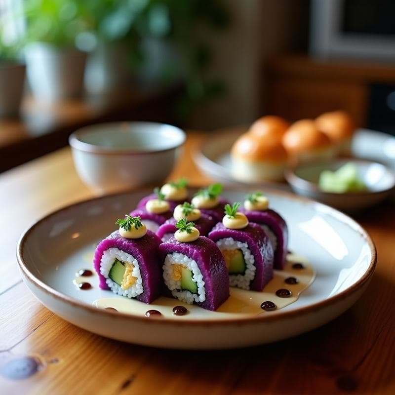 Plato de sushi de arroz morado con aguacate y trufa negra, rollos cortados en piezas sobre tabla de madera, acompañados de salsa de soja y semillas de sésamo negro.