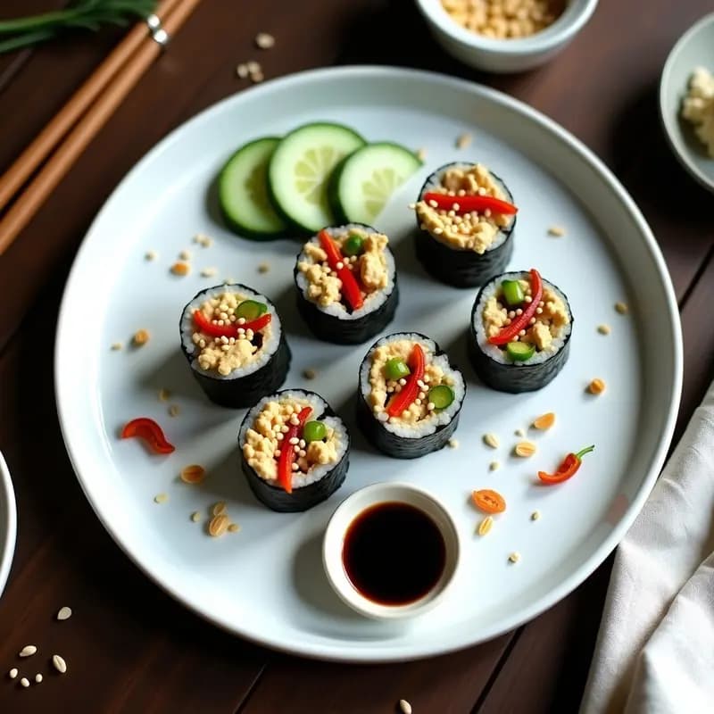 Rollos de sushi vegano sin arroz con berenjena asada, hummus cremoso, aguacate y pimiento rojo, envueltos en algas nori y decorados con sésamo tostado y cebollino sobre un plato negro.