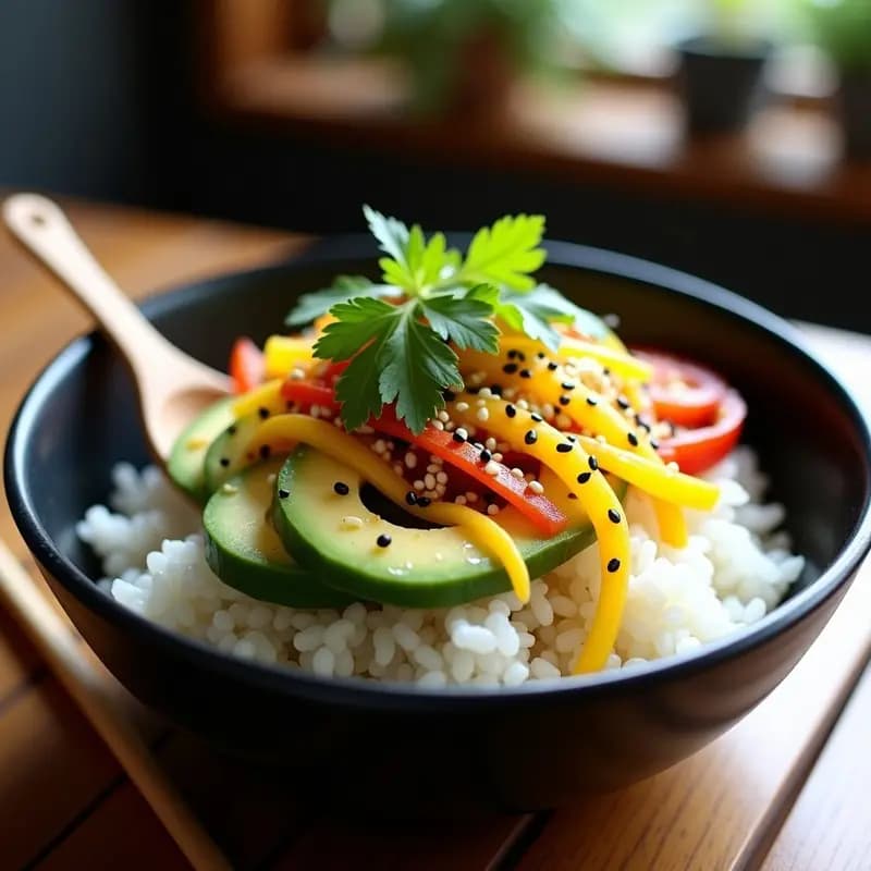 Sushi Bowl de Aguacate y Camu Camu en un bol de cerámica negra, con arroz blanco sazonado, láminas de aguacate verde, tiras de pimiento amarillo y pepino, decorado con semillas de sésamo negro y blanco, cilantro fresco y un aderezo dorado. Plato colorido y vibrante con superalimentos peruanos.