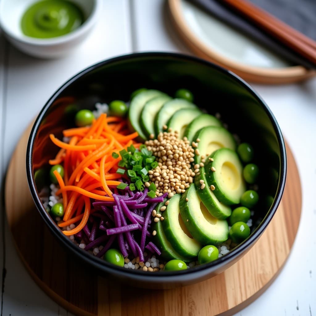 Sushi Bowl crudivegano con aguacate cremoso, edamame verde vibrante, semillas de cáñamo doradas, zanahoria morada en espiral y pepino en juliana, decorado con cebollino y alga nori en copos sobre un bol de cerámica negra.