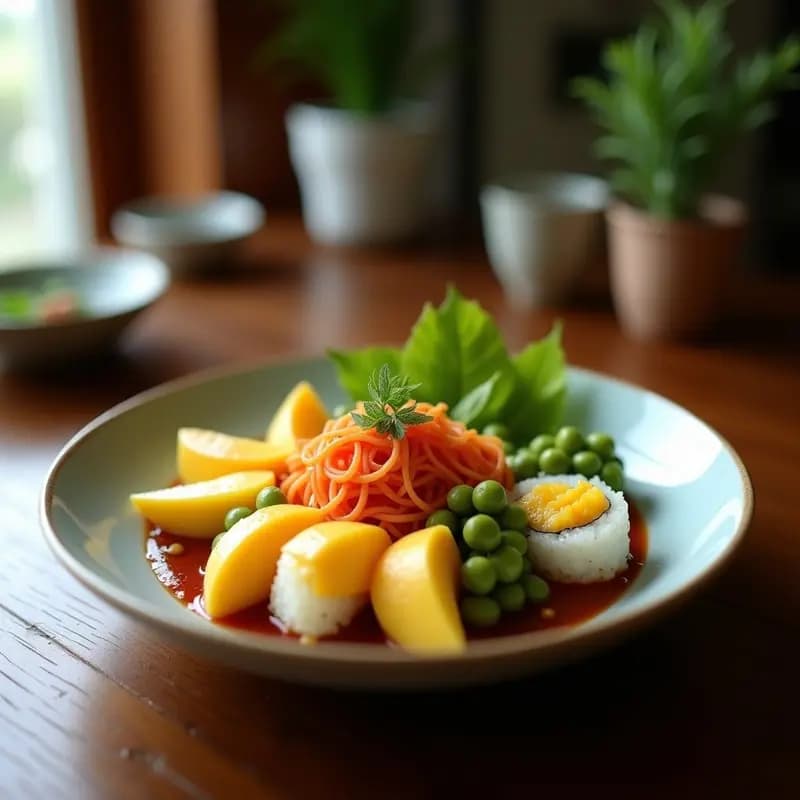 Sushi Bowl japonés sin cocción con base de coliflor rallada cruda, decorado con cubos de aguacate cremoso, láminas de mango dorado, edamame verde, pepino fresco, algas nori en tiras y semillas de sésamo tostadas. Aderezo brillante de vinagre de arroz negro y jengibre en un bol de cerámica blanca sobre fondo de madera clara.