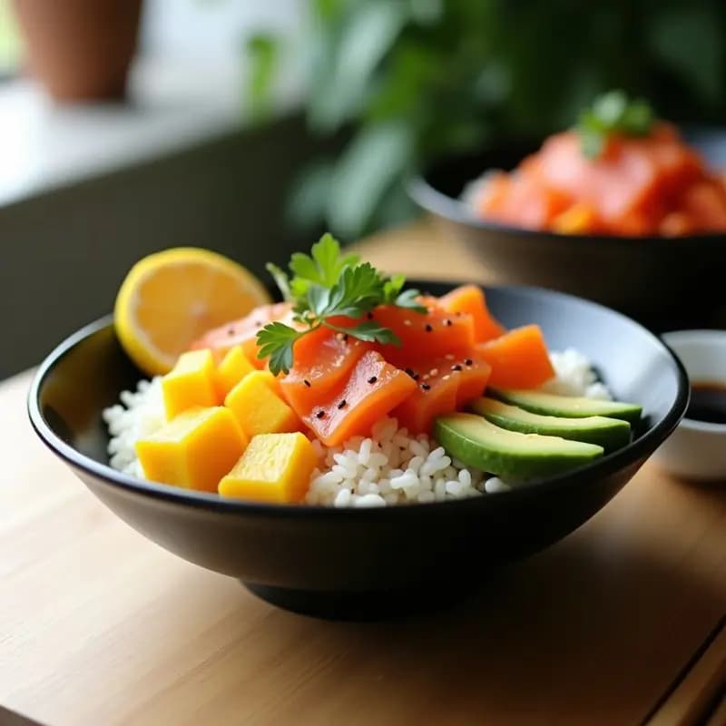 Sushi Bowl de aguacate, mango y salmón en bol negro: arroz blanco sazonado con semillas de sésamo, cubos de salmón fresco marinado, trozos de aguacate cremoso y mango dorado, decorado con cebollino y pimiento rojo. Receta japonesa fresca y nutritiva.