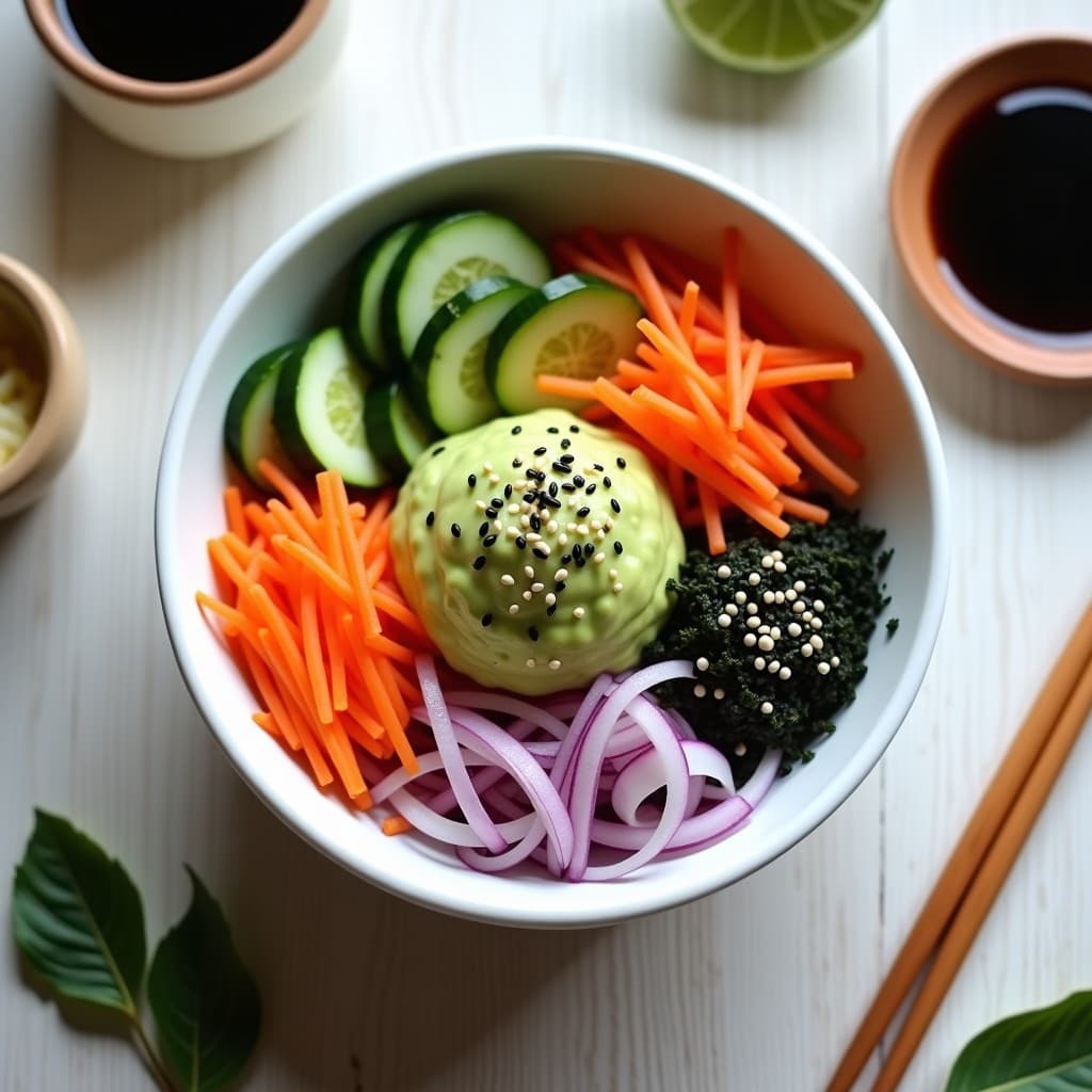 Sushi Bowl vegano en cuenco de cerámica blanca con arroz para sushi como base, cubos de aguacate cremoso, tiras de pepino y zanahoria, brotes de soja, semillas de sésamo negro y blanco, alga nori en copos y hojas de cilantro. La vinagreta de sésamo brilla sobre los ingredientes, creando un plato colorido y fresco, típico de la cocina japonesa sin cocinar.