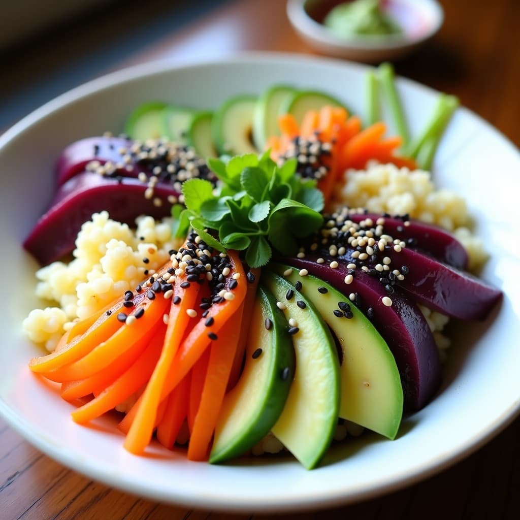 Sushi Bowl de coliflor keto con base de arroz de coliflor salteado, cubos de aguacate cremoso, juliana de pepino y zanahoria morada, decorado con semillas de sésamo negro y blanco, algas nori desmenuzadas y salsa de sésamo negro vertida en zigzag. Plato colorido y saludable con fondo blanco.