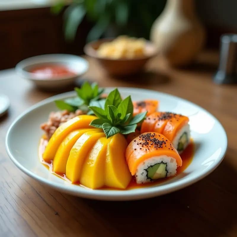 Sushi Bowl de Mango y Aguacate sin pescado, con cubos dorados de mango, láminas de aguacate cremoso, juliana de pepino y zanahoria morada, todo coronado con semillas de sésamo negro, cebollino picado y tiras de nori tostado. Plato colorido y fresco, alto en vitamina C, servido en un bol blanco de cerámica sobre fondo de madera clara.