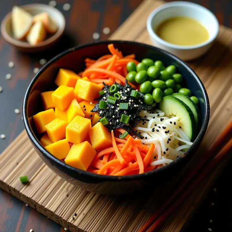 Sushi Bowl vegano japonés con mango Ataulfo en cubos, edamame, aguacate en láminas, pepino y zanahoria morada en juliana, decorado con algas nori, semillas de sésamo negro y blanco, y cebollino fresco. Acompañado de un bol pequeño con aderezo de limón y jengibre.