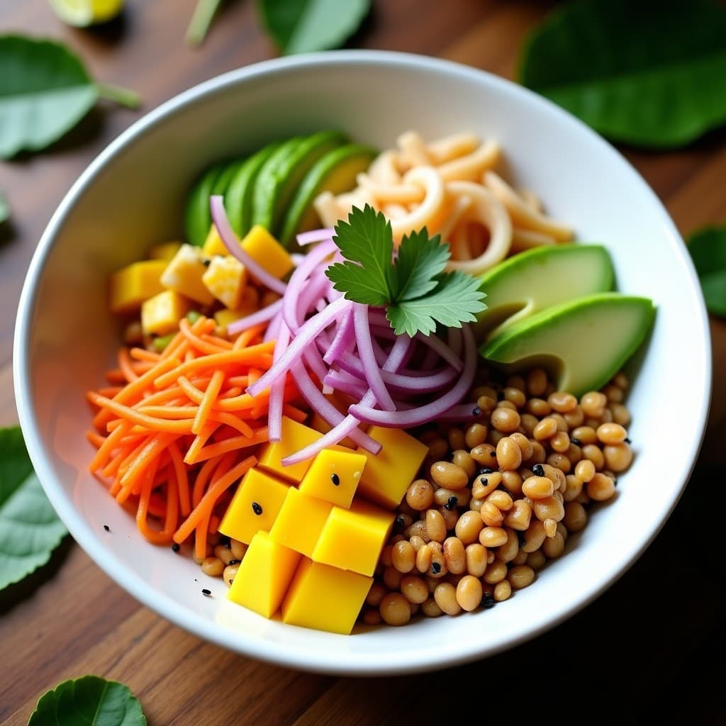 Sushi Bowl brasilero en plato de cerámica blanca con base de pachira tostada triturada, cubos de mango dorado, láminas de aguacate verde, juliana de pepino, zanahoria morada y cebolla. Decorado con semillas de sésamo negro, cilantro fresco y bañado en vinagreta amarilla de maracuyá. Fondos de hojas de plátano para ambientación tropical.