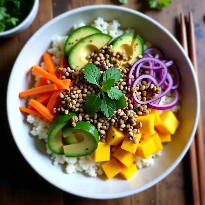 Bowl negro de cerámica con Sushi Bowl vegano sin arroz: base de coliflor rallada, cubos de mango amarillo y palta verde, decorado con algas nori, semillas de sésamo negro, girasol, cebollino, menta y pasta de wasabi, con vinagreta de jengibre y limón yuzu brillante.