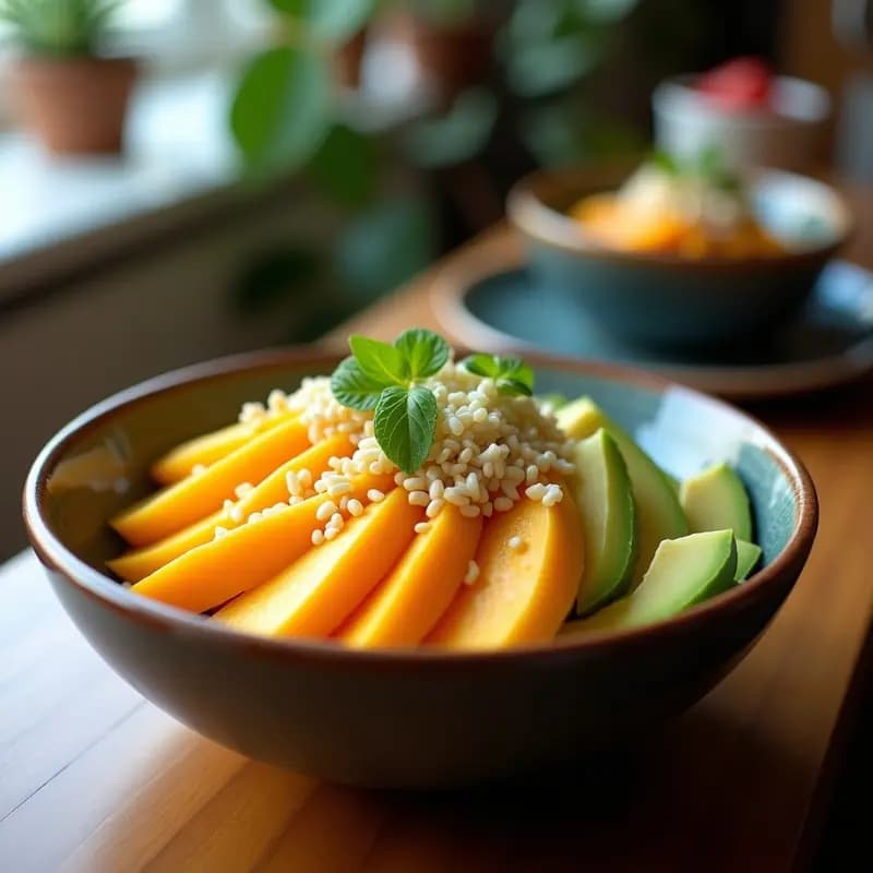 Sushi Bowl hawaii-japones con base de coliflor rallada, cubos de mango dorado, láminas de palta verde, algas nori en tiras, semillas de sésamo negro y blanco, y vinagreta de sésamo y lima. Decorado con cebollino picado y brotes de soja, servido en un plato hondo de cerámica blanca sobre fondo de madera clara.