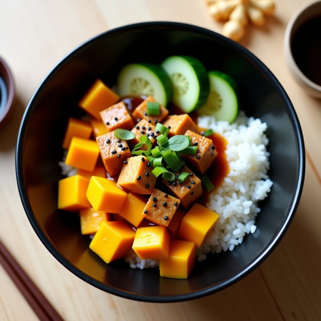 Sushi Bowl vegano japonés con arroz blanco, cubos de Ryuukyu tofu dorado, mango maduro en trozos, pepino en juliana y salsa de umeboshi oscura. Decorado con semillas de sésamo negro, cebollino picado y hojas de shiso sobre un plato de cerámica negra.
