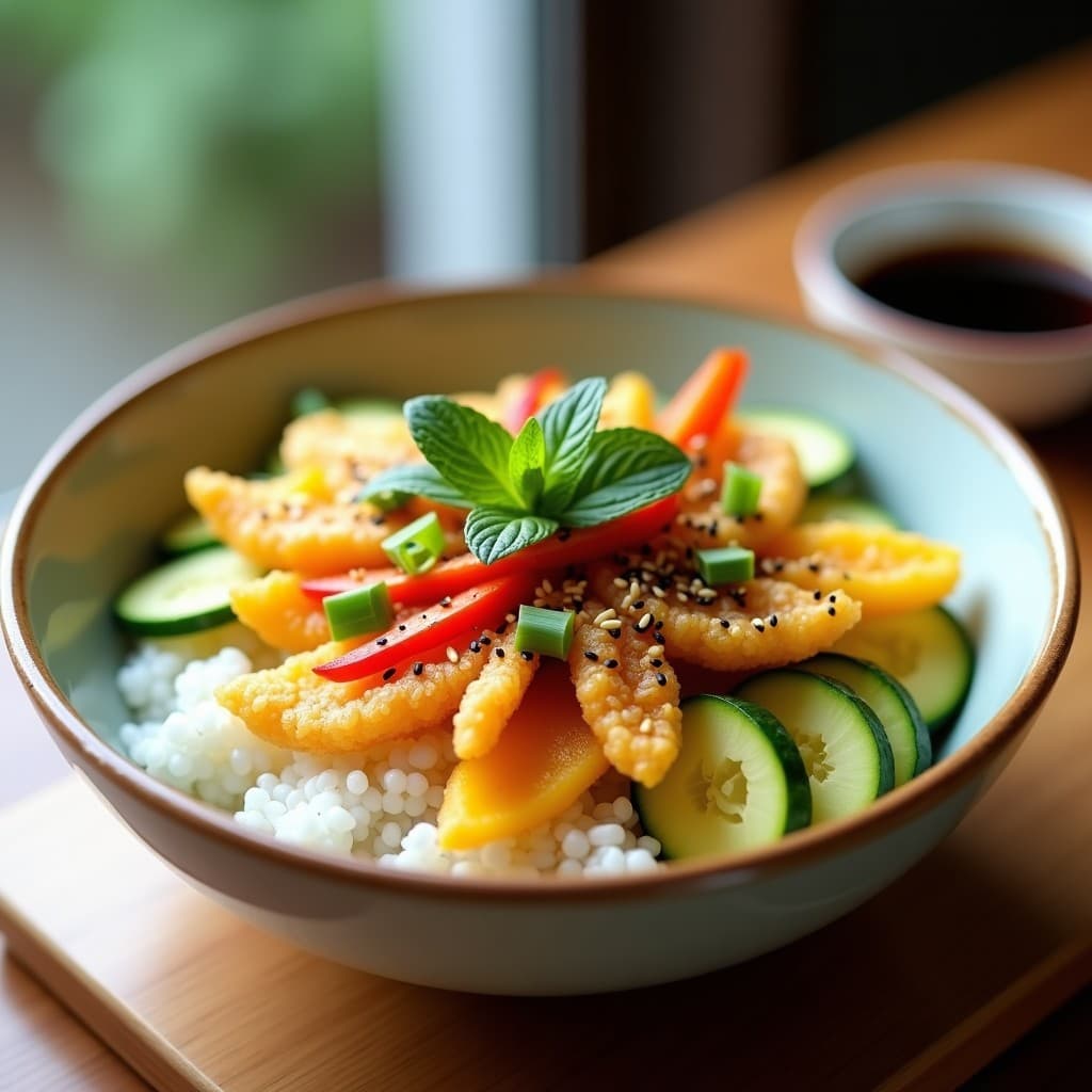 Sushi Bowl de Mango Verde y verduras tempura crujientes sobre arroz de sushi, decorado con semillas de sésamo, cebollino y hojas de menta. Aderezo oscuro de sésamo y tamari en primer plano.