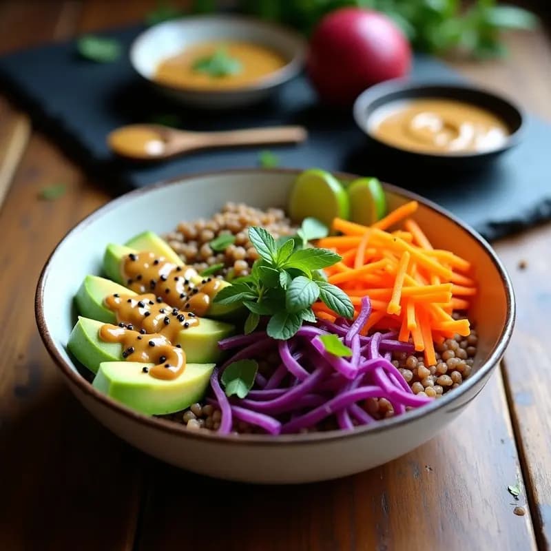 Sushi Bowl tailandés vegano con arroz blanco, cubos de mangostán frescos, láminas de aguacate, tiras de pepino y zanahoria morada, decorado con semillas de sésamo negro, alga nori y salsa de cacahuete cremosa. Plato colorido y fresco sobre fondo de madera clara.