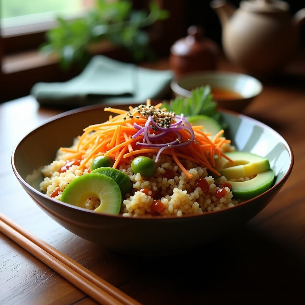 Bowl de cerámica negra con base de quinoa blanca, edamame dorado y crujiente, zanahoria naranja en juliana, pepino verde en rodajas, cebolla morada en láminas, aguacate en cubos y semillas de sésamo espolvoreadas. Decorado con tiras de alga nori y bañado con salsa teriyaki brillante. Receta japonesa en Airfryer, alta en proteína y colorida.