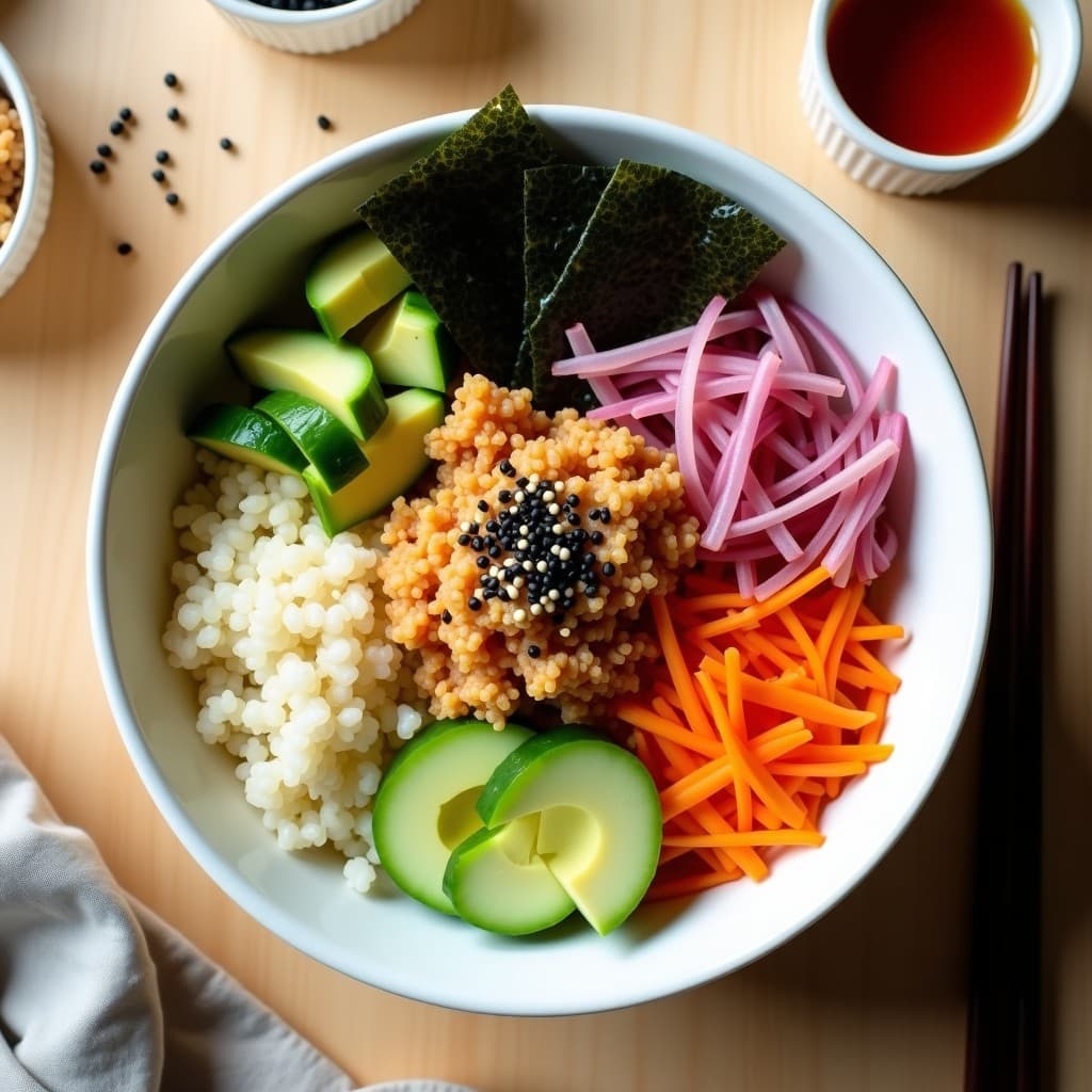 Sushi Bowl vegano con base de quinoa blanca, jaca young marinada en especias, aguacate en cubos, pepino y zanahoria en juliana, cebolla morada en plumas, algas nori en tiras y semillas de sésamo negro. Acompañado de salsa sriracha-mayo vegana en un cuenco de cerámica blanca sobre fondo de madera clara.