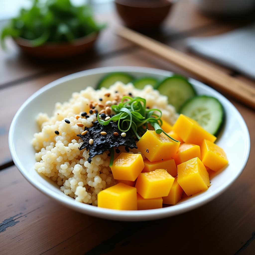 Sushi Bowl de Quinoa con Mango, Pepino y Sardinas Ahumadas: plato hondo de cerámica blanca con quinoa aliasada, cubos de mango amarillo, juliana de pepino verde, trozos de sardinas ahumadas, semillas de sésamo negro y blanco, cebollino picado y hojas de nori desmenuzadas, servido con palillos de madera.
