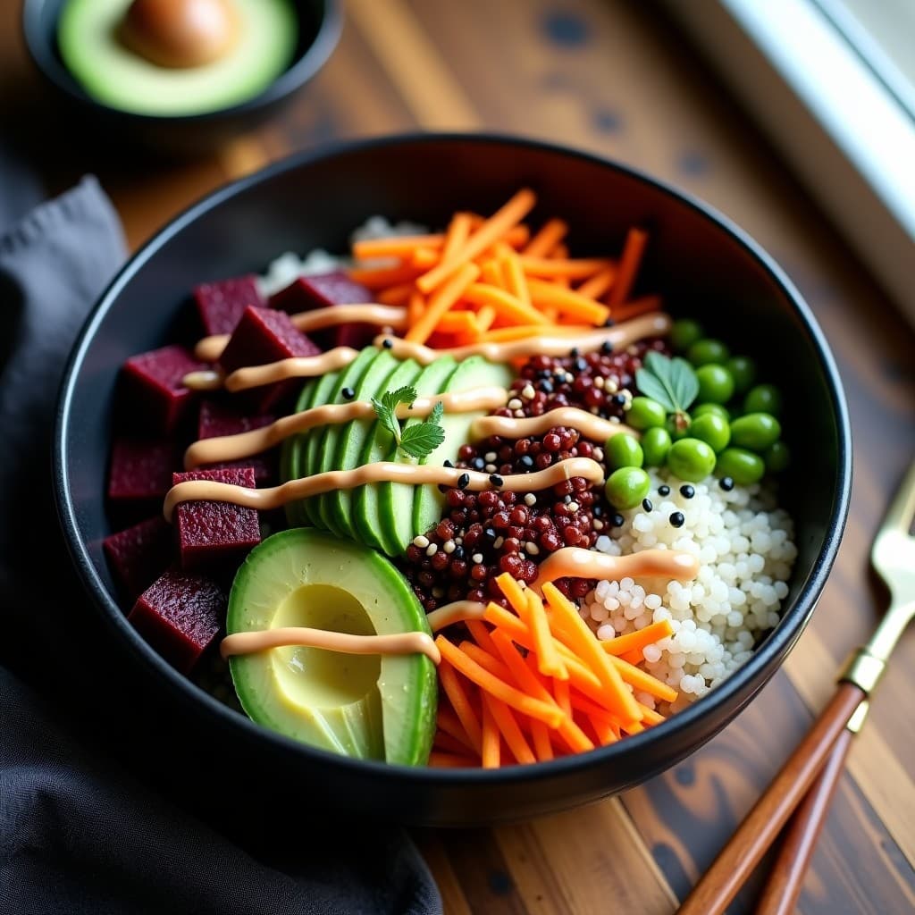 Sushi Bowl vegano y sin lácteos con quinoa esponjosa, remolacha asada en cubos dorados, aguacate en dados, pepino en juliana, zanahoria rallada y cebolla morada. Decorado con semillas de sésamo negro, algas nori y un aderezo cremoso de wasabi y limón yuzu. Presentado en un bol hondo de cerámica blanca sobre fondo de madera rústica.