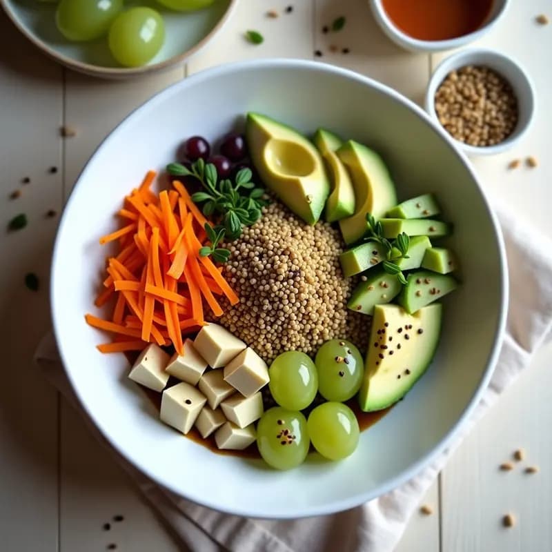 Bol de cerámica blanca con sushi bowl de quinoa fría como base, uvas verdes cortadas por la mitad, cubos de aguacate, pepino en dados, zanahoria rallada y semillas de sésamo tostadas. Salsas de soja y wasabi con miel vertidas en zigzag, decorado con cebollino picado. Plato colorido y fresco, ideal para redes sociales.