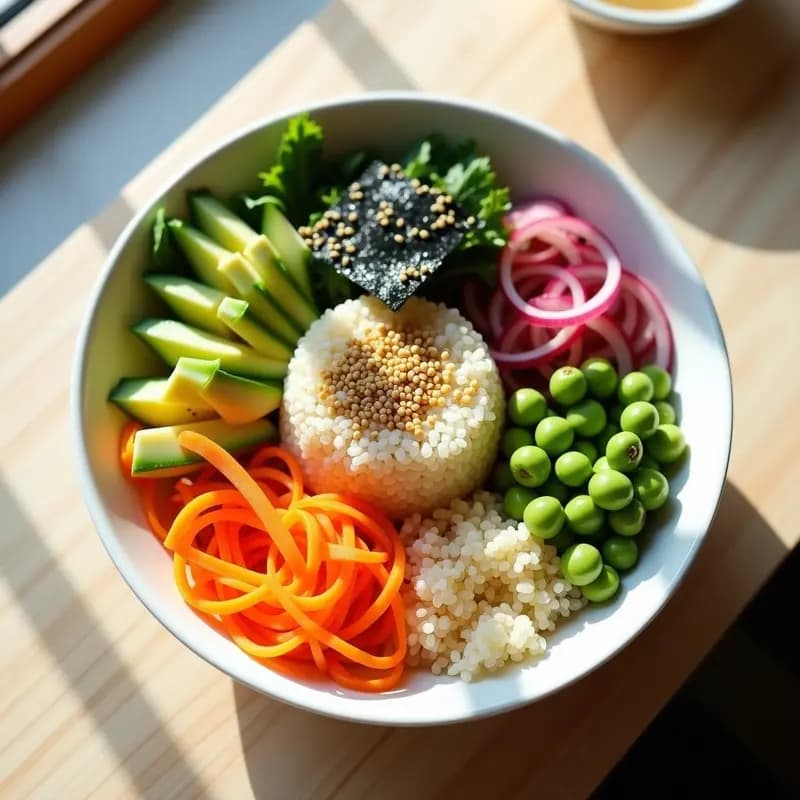 Bowl de cerámica blanca con base de quinoa esponjosa, cubierto de zanahoria rallada, pepino en juliana, edamame verde, aguacate en cubos y cebolla morada. Decorado con tiras de alga nori, semillas de sésamo negro y blanco, y un hilo de aderezo dorado de sésamo y limón yuzu. Sushi Bowl de quinoa y vegetales sin pescado, fresco y colorido.