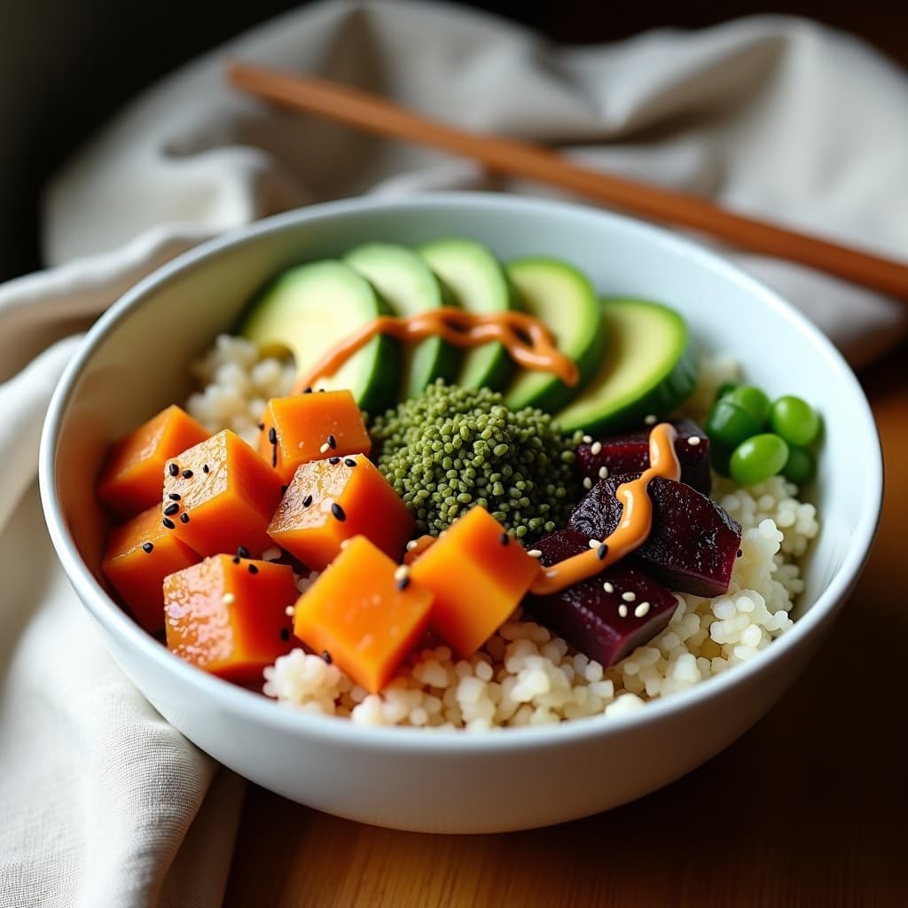 Sushi Bowl vegano en Thermomix con arroz blanco de base, remolacha marinada en cubos dorados, láminas de aguacate verde brillante, pepino en juliana, algas nori desmenuzadas y semillas de sésamo negro. Salsa sriracha-mayo vegana cremosa y picante regada por encima, decorado con cebollino fresco. Plato colorido y equilibrado, ideal para comida saludable.