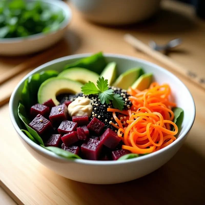 Sushi Bowl de remolacha y zanahoria marinada en bol blanco hondo, con base de espinacas, cubos de remolacha, juliana de zanahoria, aguacate, pimiento rojo, pepino y aderezo de tahini. Decorado con algas nori, semillas de sésamo y cilantro fresco.