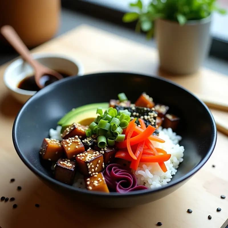 Sushi Bowl vegano con arroz de sushi como base, cubos de remolacha asada dorada, tiras de berenjena ahumada marinada (zindiccho), aguacate en láminas, pimiento rojo asado y algas wakame. Espolvoreado con semillas de sésamo blanco y negro, cebollino picado y tiras de nori tostado. Acompañado de un aderezo cremoso de sésamo negro en un bol aparte. Presentación colorida y apetitosa en un plato hondo de cerámica negra.