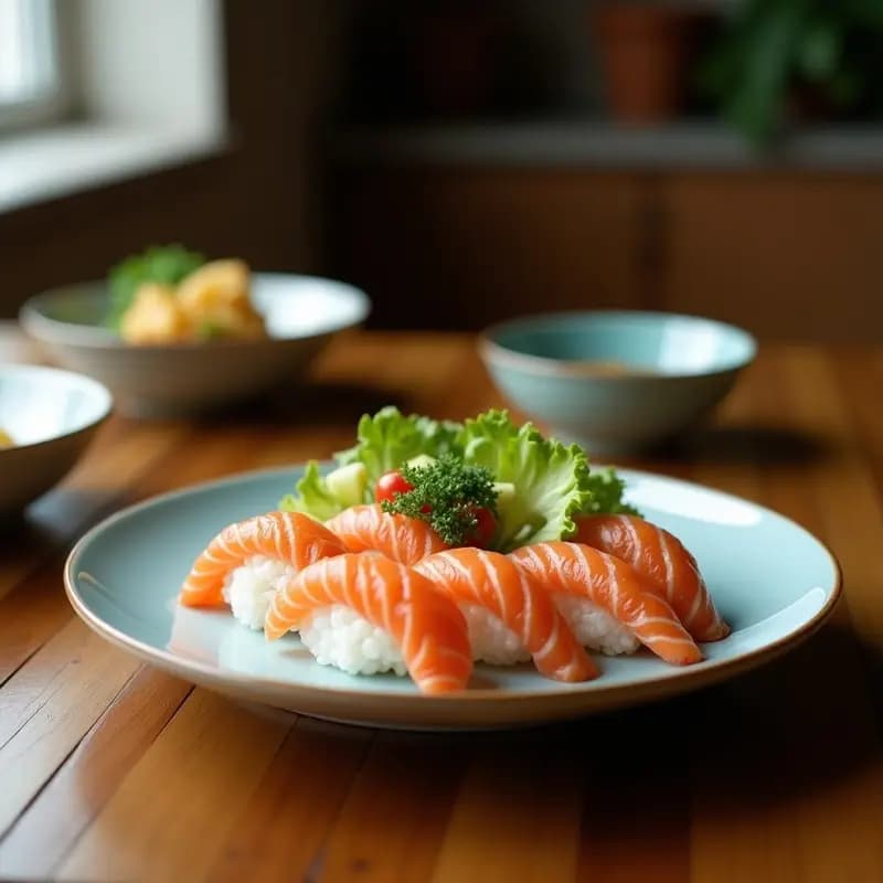 Sushi Bowl de Salmón Ahumado y Aguacate: bol hondo con arroz para sushi, láminas de salmón rosado, cubos de aguacate verde, juliana de pepino, zanahoria rallada y semillas de sésamo negro y blanco. Aderezo de soja y jengibre al lado.