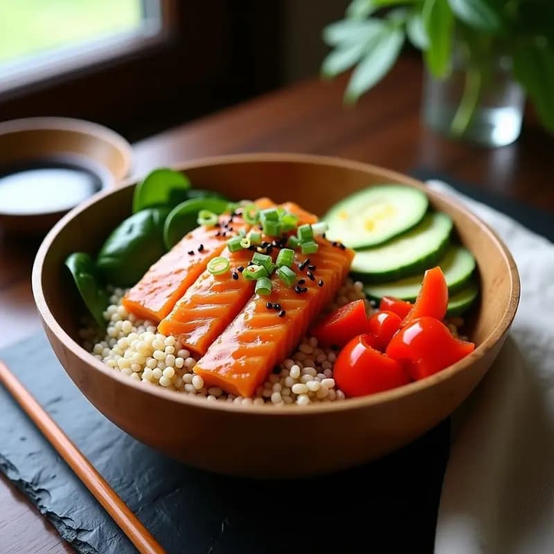 Sushi bowl de salmón teriyaki en bol de madera oscura, con arroz basmati integral, tiras de salmón glaseado dorado, aguacate en cubos, pimiento rojo asado, pepino en juliana y semillas de sésamo negro. Decorado con cebollino fresco y ralladura de limón yuzu. Plato saludable y alto en omega-3.