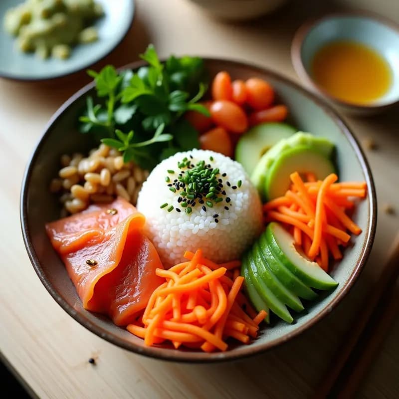 Sushi bowls con salmón ahumado y aguacate en cuencos de cerámica blanca, arroz vinagrado brillante, láminas de salmón rosa, cubos de aguacate verde, tiras de pepino y zanahoria, huevas de salmón naranjas y semillas de sésamo negro, servidos con salsa de soja y palillos. Receta japonesa saludable sin algodón.