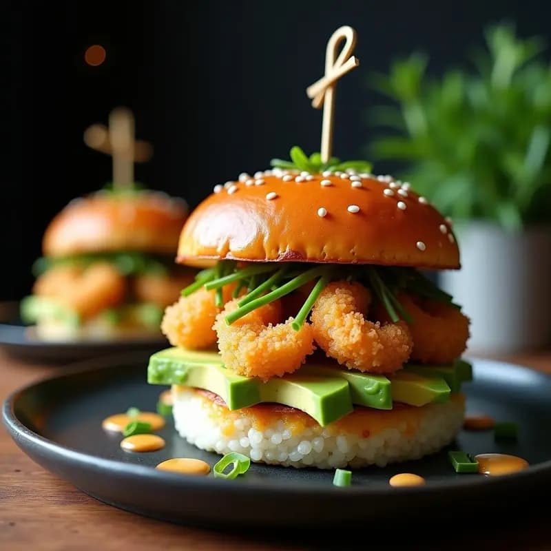 Sushi burger de aguacate y gambas fusion japonés, con pan de arroz tostado crujiente, gambas doradas rebozadas y rodajas de aguacate verde, decorado con semillas de sésamo y cebollino fresco sobre fondo oscuro.