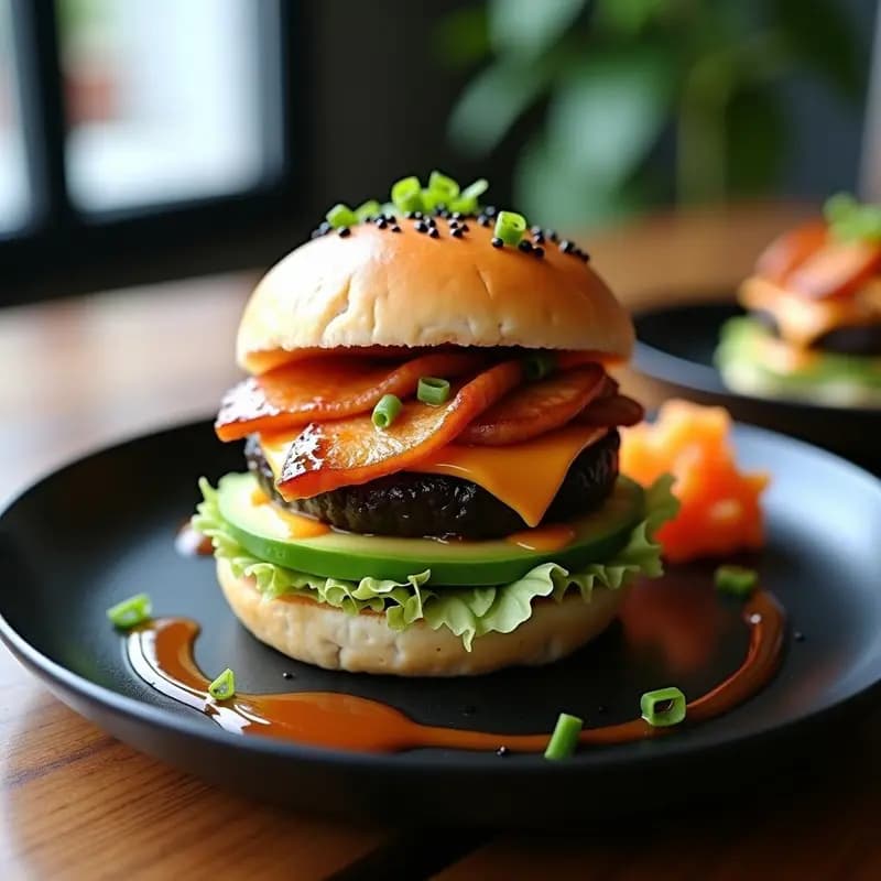 Sushi Burger de Anguila Ahumada con capas visibles de arroz compacto, anguila ahumada brillante, aguacate cremoso y salsa wasabi. Decorado con semillas de sésamo negro, cebollino fresco y jengibre encurtido, servido en un plato de madera oscura con salsa teriyaki al lado.