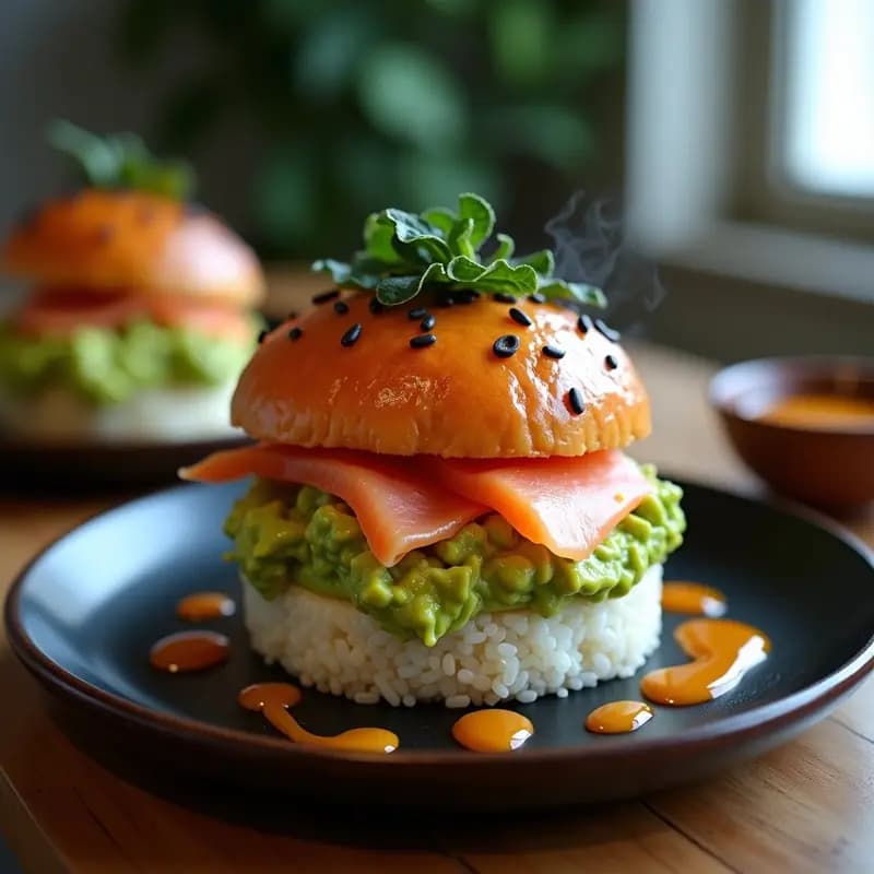 Sushi Burger japonés montado con tortitas de arroz brillante, guacamole cremoso verde, láminas de salmón rosa y salsa teriyaki dorada, decorado con semillas de sésamo negro y tiras de alga nori sobre un plato de madera oscura.