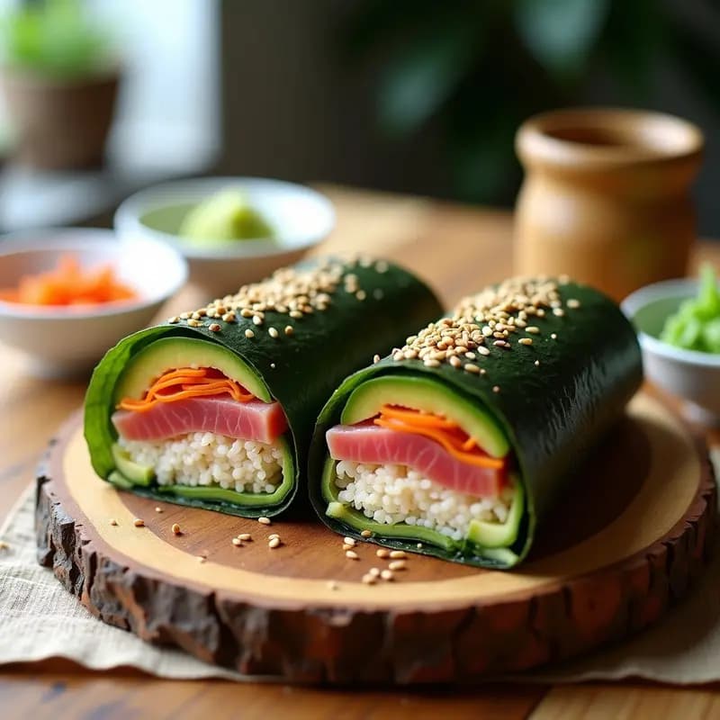 Sushi burrito con aguacate y atún fresco cortado por la mitad, mostrando capas de arroz sazonado, tiras de atún rosado, aguacate cremoso, zanahoria y pepino, envuelto en alga nori oscura y espolvoreado con sésamo tostado. Presentado sobre una tabla de madera con salsa de soja y wasabi al lado.