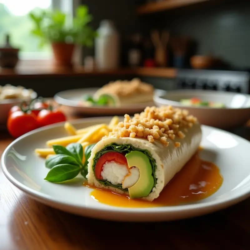 Sushi burrito completo con alga nori, relleno de aguacate, atún, pepino y queso crema, cubierto de semillas de sésamo y cebolla frita crujiente, servido en tabla de madera con salsa de soja y sriracha al lado, receta fusion japonesa-mexicana fácil en casa.