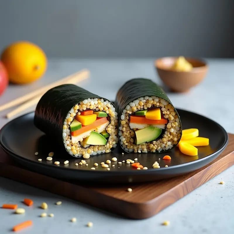 Sushi Burrito con Aguacate y Mango cortado por la mitad, mostrando capas de arroz con quinoa inflada, frijoles negros, aguacate, mango y zanahoria, envuelto en alga nori. Receta alta en proteína para llevar en tupper.