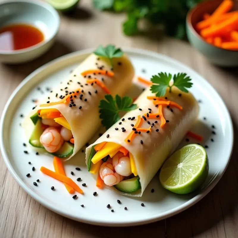 Sushi Burrito de Aguacate, Mango y Langostino: rollos grandes envueltos en papel de arroz transparente, rellenos de langostinos rosados, aguacate cremoso, mango amarillo y verduras frescas, servidos en plato blanco con semillas de sésamo y cilantro.