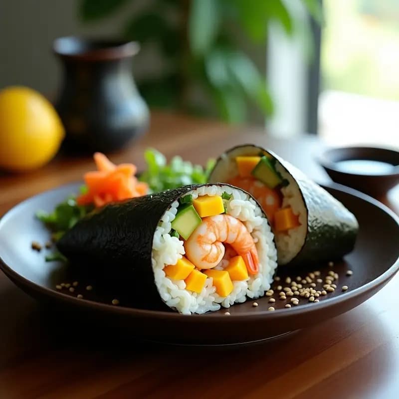 Sushi burrito cortado por la mitad mostrando capas de arroz blanco, langostinos rosados, mango amarillo, aguacate verde y pepino, todo envuelto en alga nori negra sobre una esterilla de bambú, acompañado de salsa de soja y semillas de sésamo.