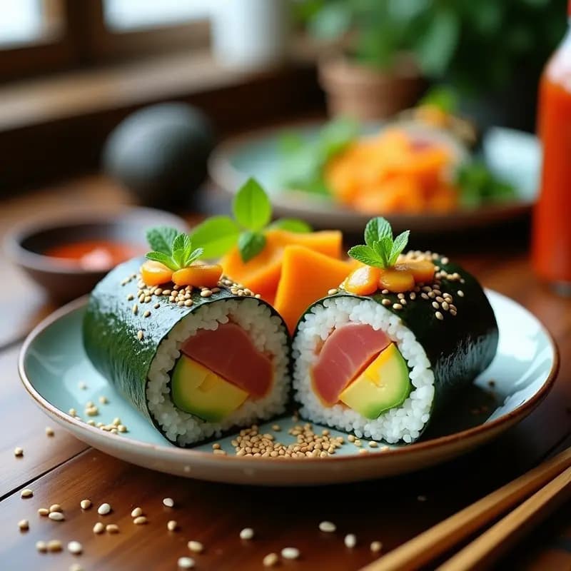 Sushi Burrito cortado por la mitad mostrando capas de arroz de coliflor, tofu teriyaki, aguacate, mango y pepino, envuelto en alga nori y servido con salsa Sriracha. Receta fusión japonesa-mexicana para llevar.